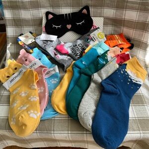 Colorful Assorted “Cat” Socks Lot And Sleep Mask.